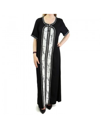 Robe d'intérieur brodée manches courtes avec strass couleur noire 
