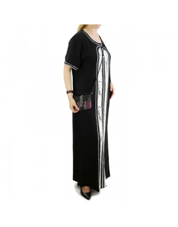 Robe d'intérieur brodée manches courtes avec strass couleur noire 