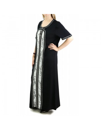 Robe d'intérieur brodée manches courtes avec strass couleur noire 