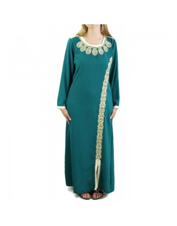 Robe orientale brodée et perlée pour femme - Couleur Vert émeraude 
