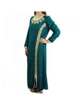 Robe orientale brodée et perlée pour femme - Couleur Vert émeraude 