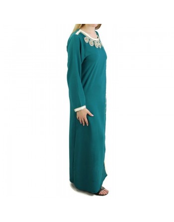 Robe orientale brodée et perlée pour femme - Couleur Vert émeraude 