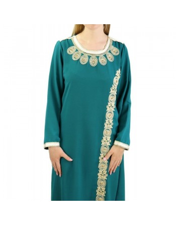 Robe orientale brodée et perlée pour femme - Couleur Vert émeraude 