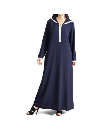 Djellaba marocaine pour femme avec dentelle et capuche - Couleur bleu marine - Marque Amelis 