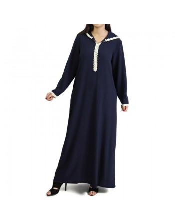 Djellaba marocaine pour femme avec dentelle et capuche - Couleur bleu marine - Marque Amelis 