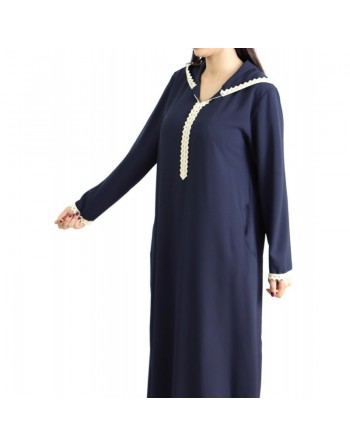 Djellaba marocaine pour femme avec dentelle et capuche - Couleur bleu marine - Marque Amelis 