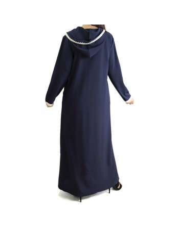 Djellaba marocaine pour femme avec dentelle et capuche - Couleur bleu marine - Marque Amelis 