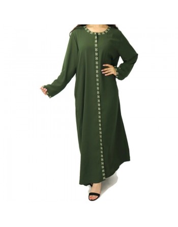 Robe longue brodée ouverture zippée - Couleur kaki 