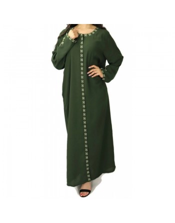 Robe longue brodée ouverture zippée - Couleur kaki 