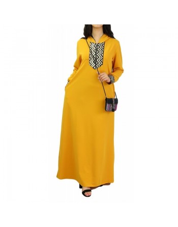 Robe longue type abaya marocaine moderne avec capuche et motifs dorés pour femme - Couleur jaune moutarde 
