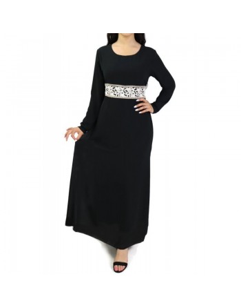 Robe longue fluide avec broderies blanches et dorées pour femme - Couleur noire 