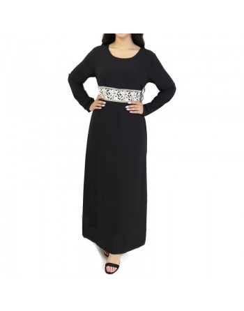 Robe longue fluide avec broderies blanches et dorées pour femme - Couleur noire 