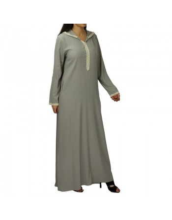 Djellaba marocaine pour femme avec dentelle et capuche - Couleur taupe clair 