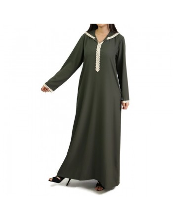 Djellaba marocaine pour femme avec dentelle et capuche - Couleur kaki 