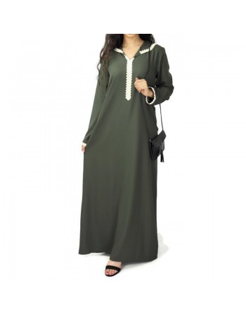 Djellaba marocaine pour femme avec dentelle et capuche - Couleur kaki 