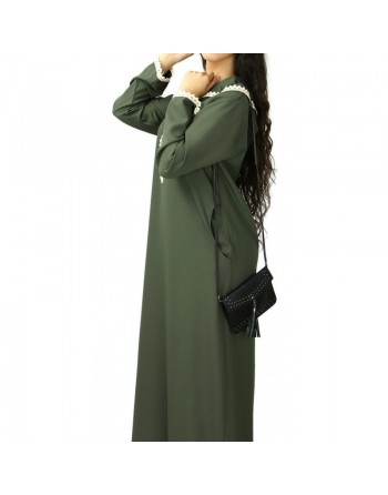 Djellaba marocaine pour femme avec dentelle et capuche - Couleur kaki 