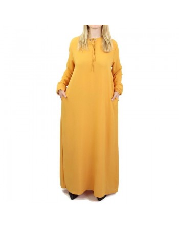 Robe simple longue fluide et évasée pour femme - Couleur jaune moutarde 