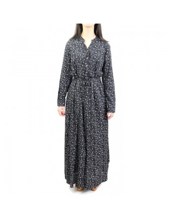 Robe longue maxi fleurie - Couleur Noire à motifs fleuris gris clairs (Toutes saisons) 