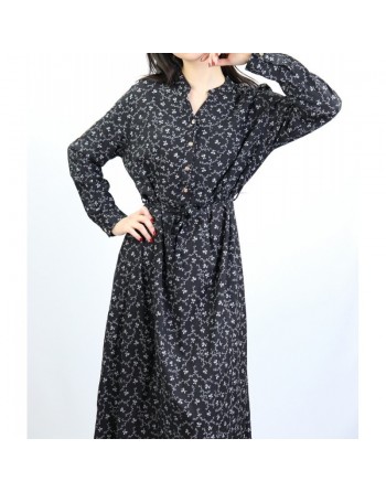 Robe longue maxi fleurie - Couleur Noire à motifs fleuris gris clairs (Toutes saisons) 