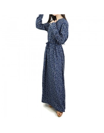 Robe longue quatre saisons couleur Bleu nuit à motifs fleuris gris clairs 