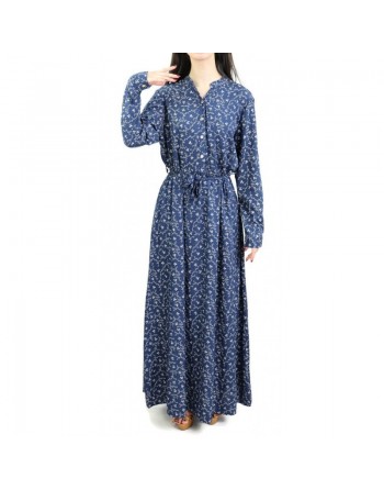 Robe longue quatre saisons couleur Bleu nuit à motifs fleuris gris clairs 