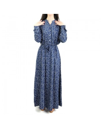 Robe longue quatre saisons couleur Bleu nuit à motifs fleuris gris clairs 