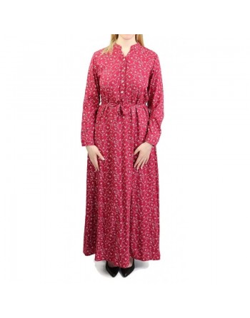 Robe longue quatre saisons avec manches longues retroussées - Couleur Bordeaux à motifs fleuris gris clairs 