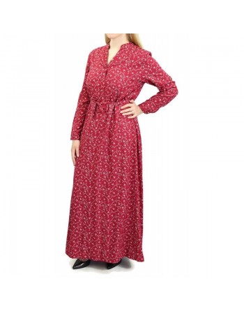Robe longue quatre saisons avec manches longues retroussées - Couleur Bordeaux à motifs fleuris gris clairs 