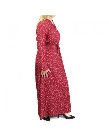 Robe longue quatre saisons avec manches longues retroussées - Couleur Bordeaux à motifs fleuris gris clairs 