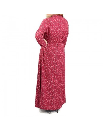 Robe longue quatre saisons avec manches longues retroussées - Couleur Bordeaux à motifs fleuris gris clairs 