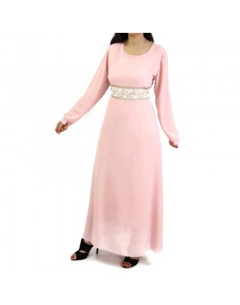 Robe longue fluide avec broderies blanches et dorées pour femme - Couleur rose claire ou Saumon 