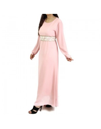 Robe longue fluide avec broderies blanches et dorées pour femme - Couleur rose claire ou Saumon 