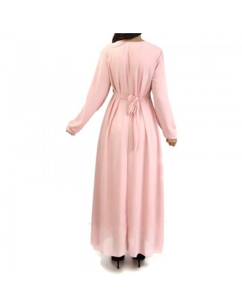 Robe longue fluide avec broderies blanches et dorées pour femme - Couleur rose claire ou Saumon 