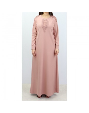 Robe maxi-longue évasée avec poches et broderies de couleur Rose pale - Marque Amelis pour femme 