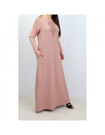 Robe maxi-longue évasée avec poches et broderies de couleur Rose pale - Marque Amelis pour femme 