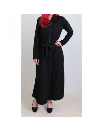 Robe longue fermeture zip avec ceinture style casual pour femme (Taille standard) - Couleur Noire 