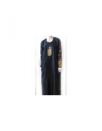 Abaya noire "Dubai" tissu satiné décoré de strass dorés avec foulard assorti 