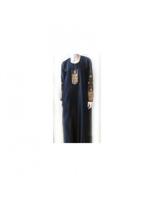 Abaya noire "Dubai" tissu satiné décoré de strass dorés avec foulard assorti Abaya noire "Dubai" tissu satiné décoré de strass dorés avec foulard assorti