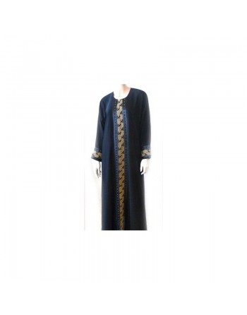 Abaya noire avec broderies jaune or avec foulard assorti 