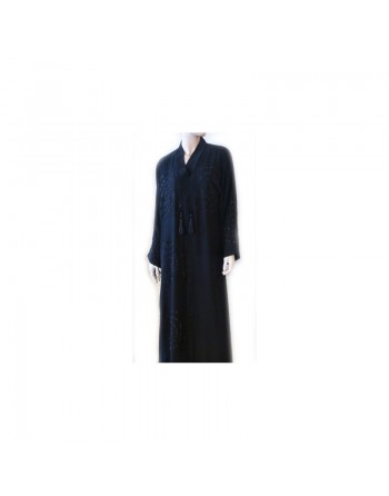 Abaya noire strass et pompons avec foulard assorti 