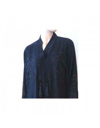 Abaya noire strass et pompons avec foulard assorti 
