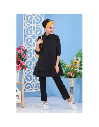 Chemise mi-longue à volant pour femme - Couleur Noire 
