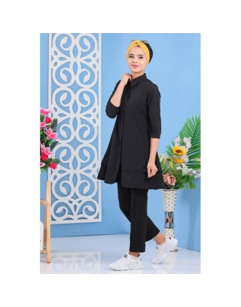 Chemise mi-longue à volant pour femme - Couleur Noire 