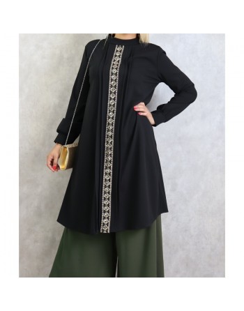 Tunique avec décoration dorée pailletée - Taille Unique - Couleur Noire 