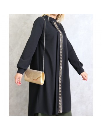 Tunique avec décoration dorée pailletée - Taille Unique - Couleur Noire 