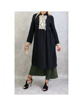 Tunique longue décorée de strass broderie et pompons - Couleur Noire 