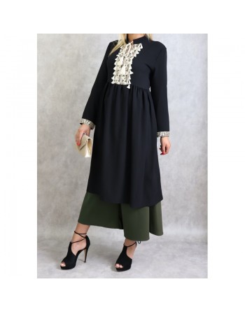 Tunique longue décorée de strass broderie et pompons - Couleur Noire 