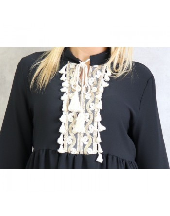 Tunique longue décorée de strass broderie et pompons - Couleur Noire 