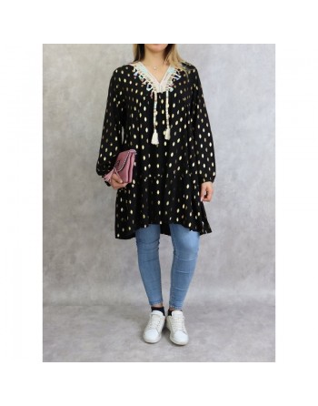 Tunique longue et ample (Grande taille) de couleur noire avec motifs dorés broderies et pompons (100% coton) 