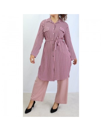 Chemise longue de couleur Rose à rayures noires 